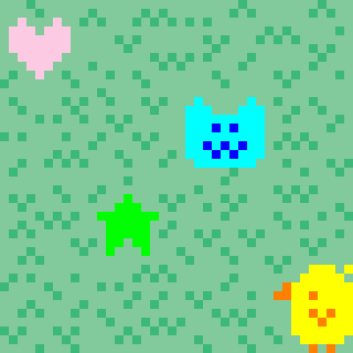 Simple, low resolution pixel art of a grassy field with objects in it. There is a heart, a star, a cat, and a bird.