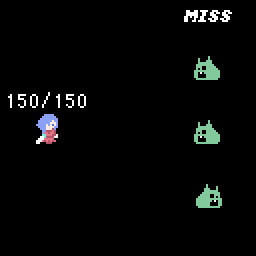 A woman in armor stands across from of three slimes, the text MISS is above one of the slimes
