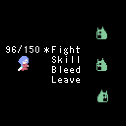 A woman with blue hair in red armor faces three slime monsters in battle