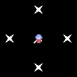 A woman with blue hair in red armor standing in the middle of four glowing lights