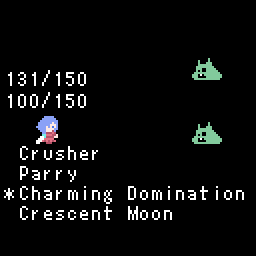 Skill select menu with four skills named Crusher, Parry, Charming Domination, and Crescent Moon